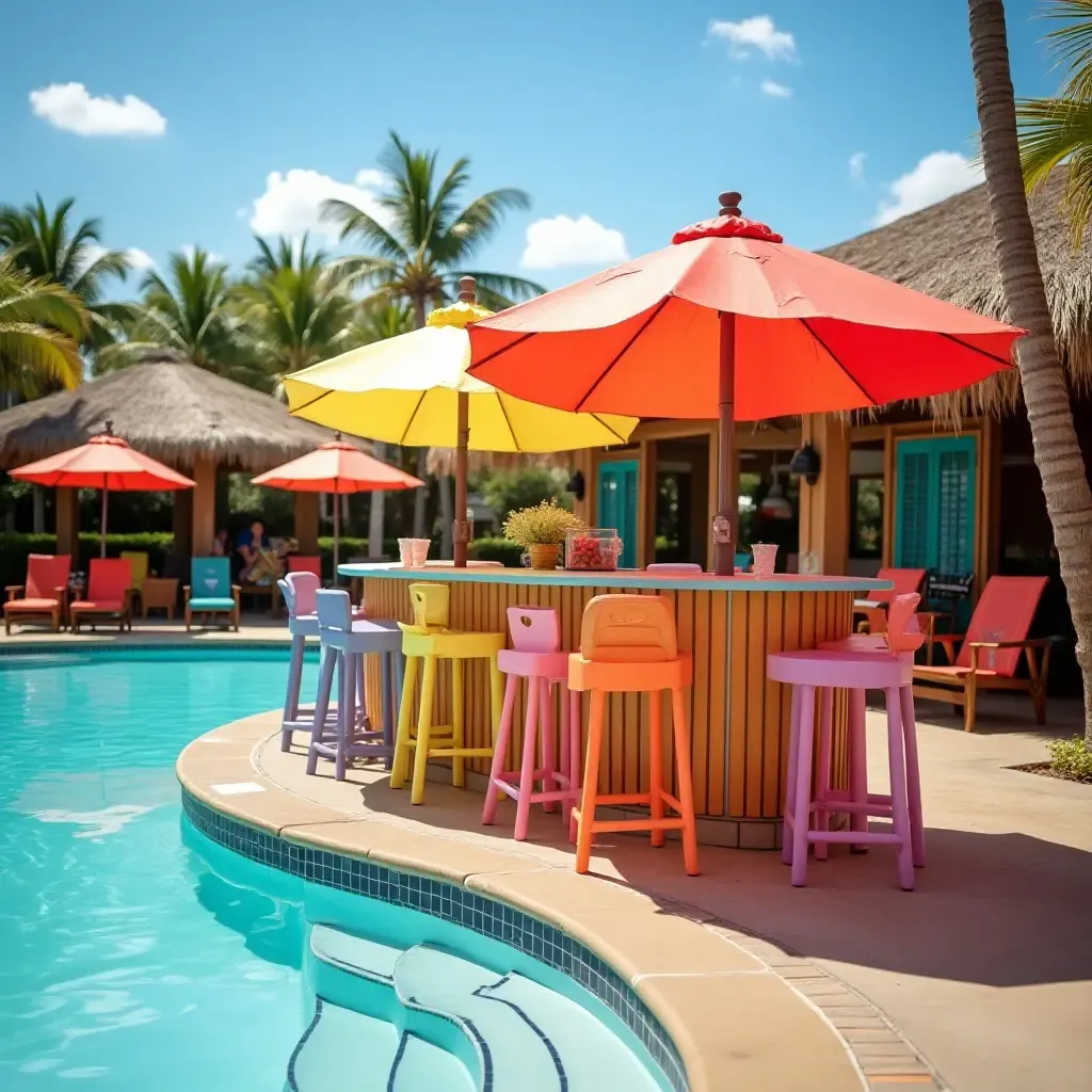 a photo of a playful poolside bar with colorful stools and bright umbrellas