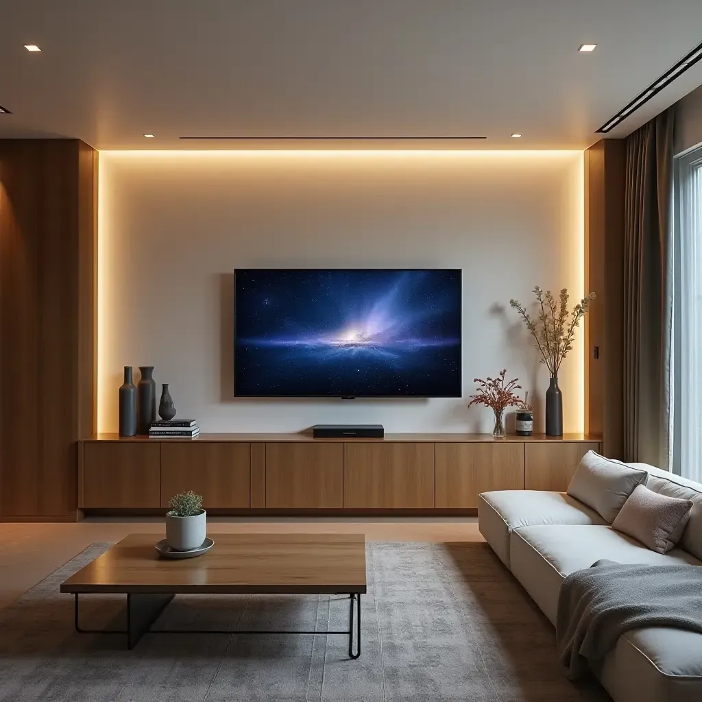 a photo of a tech-savvy living room featuring smart home devices