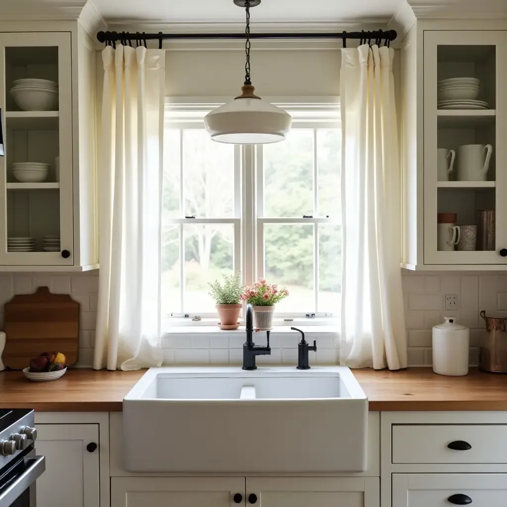 a photo of a kitchen featuring farmhouse-style curtains and natural light