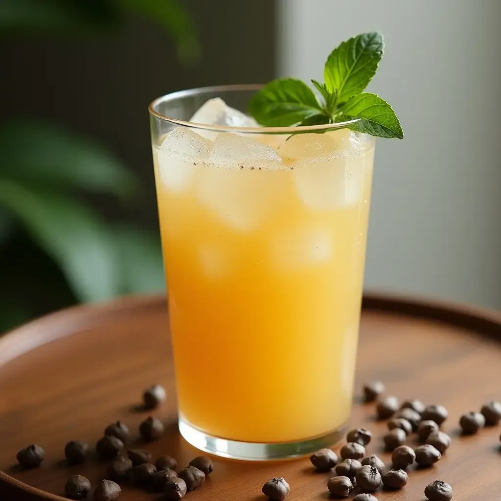 a photo of a frosty Thai longan honey drink with basil seeds.