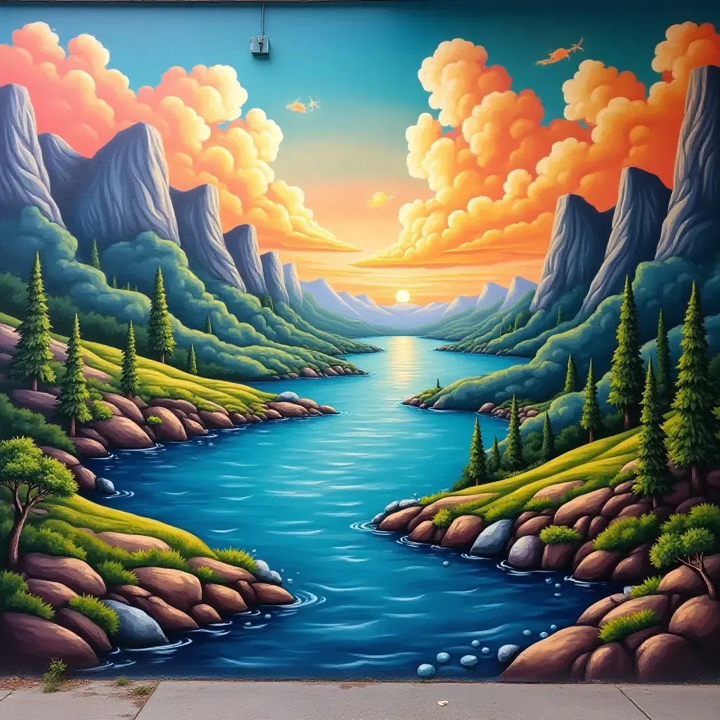 a photo of a vibrant mural depicting a serene landscape