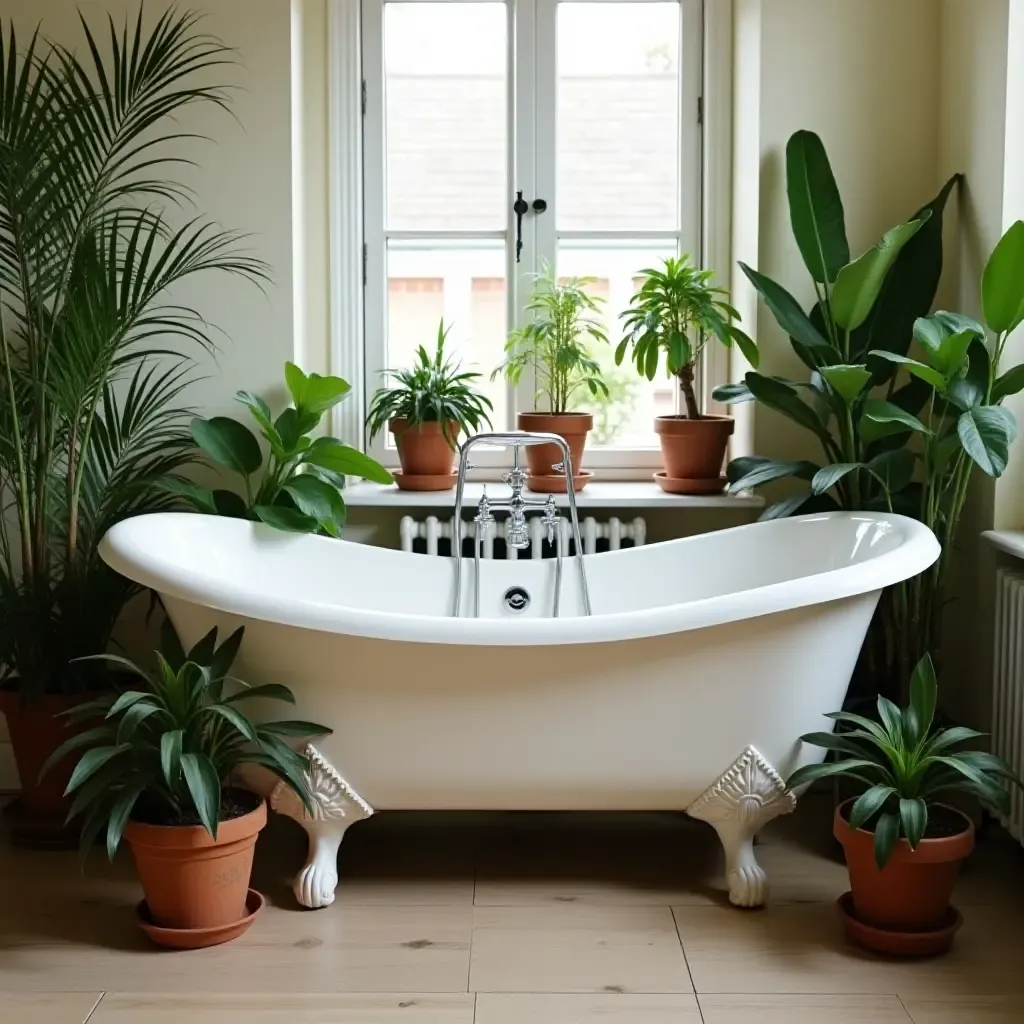 a photo of a vintage clawfoot bathtub surrounded by potted plants