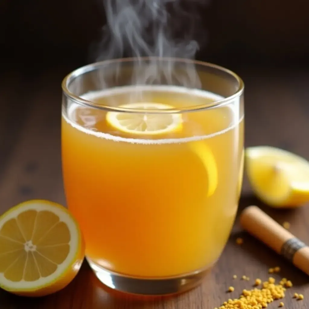 a photo of a steaming cup of Sattu Sharbat with lemon slices and cumin powder.