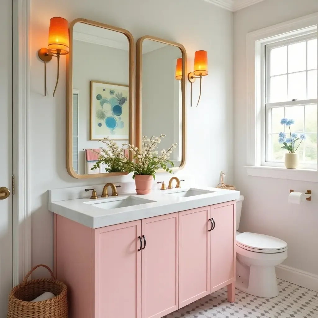 a photo of a bright and cheerful bathroom vanity with fun accents