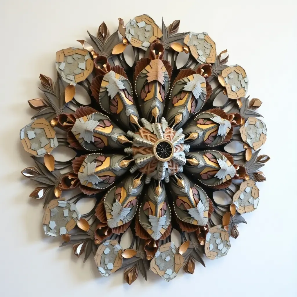 a photo of a 3D wall sculpture made from recycled materials