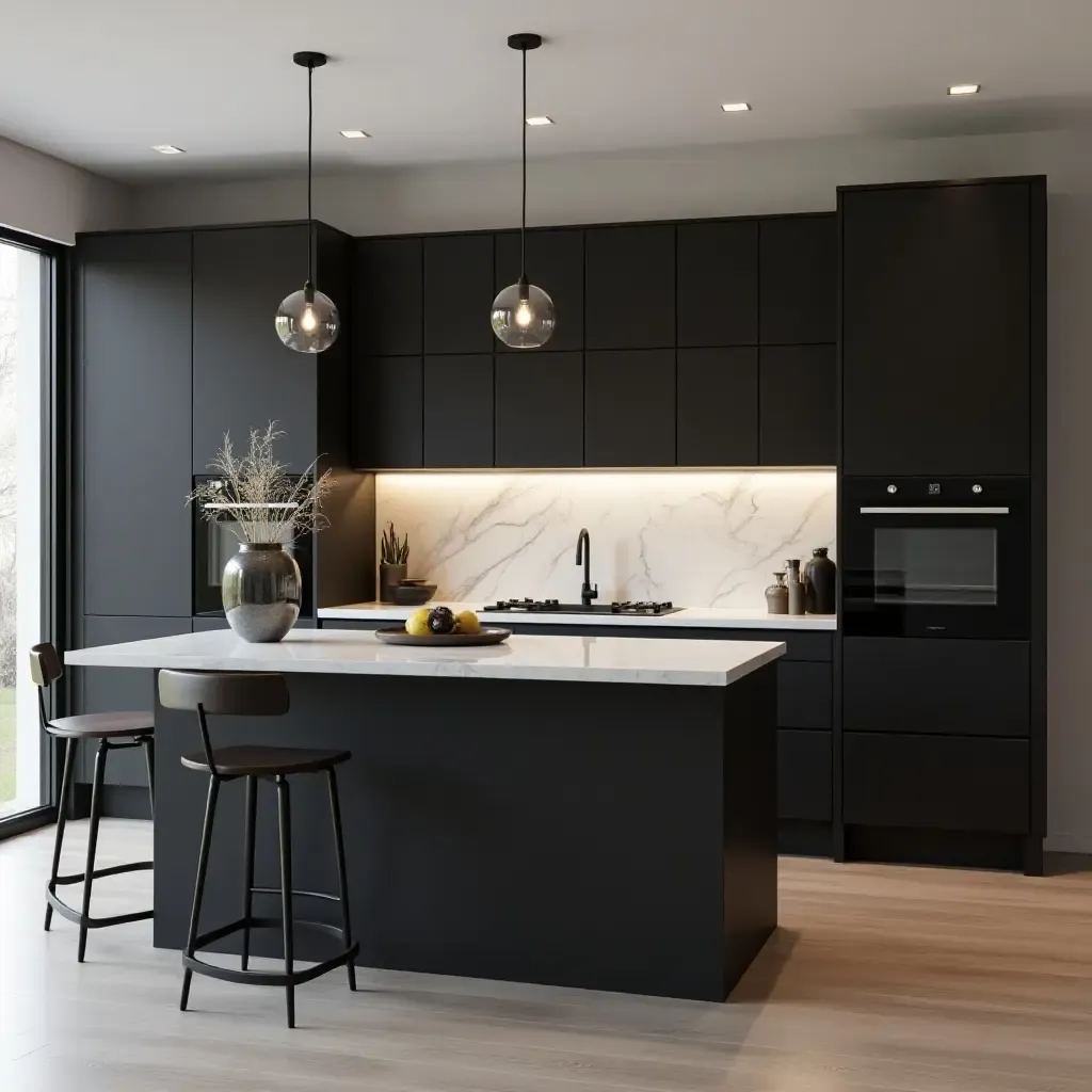 a photo of a sleek black and white kitchen with modern lighting fixtures