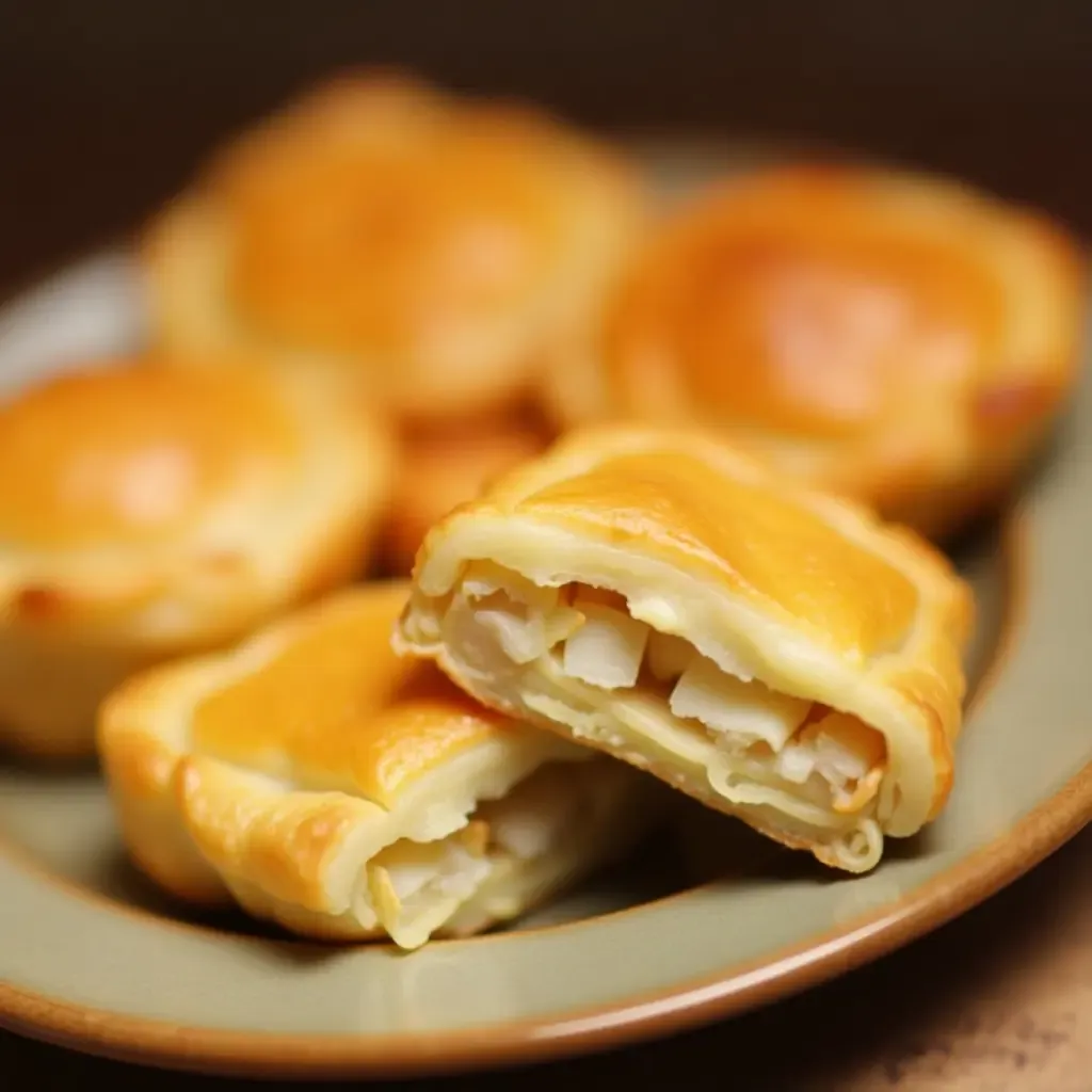 a photo of tyropita, flaky cheese-filled phyllo pastry, golden and served on a ceramic plate.