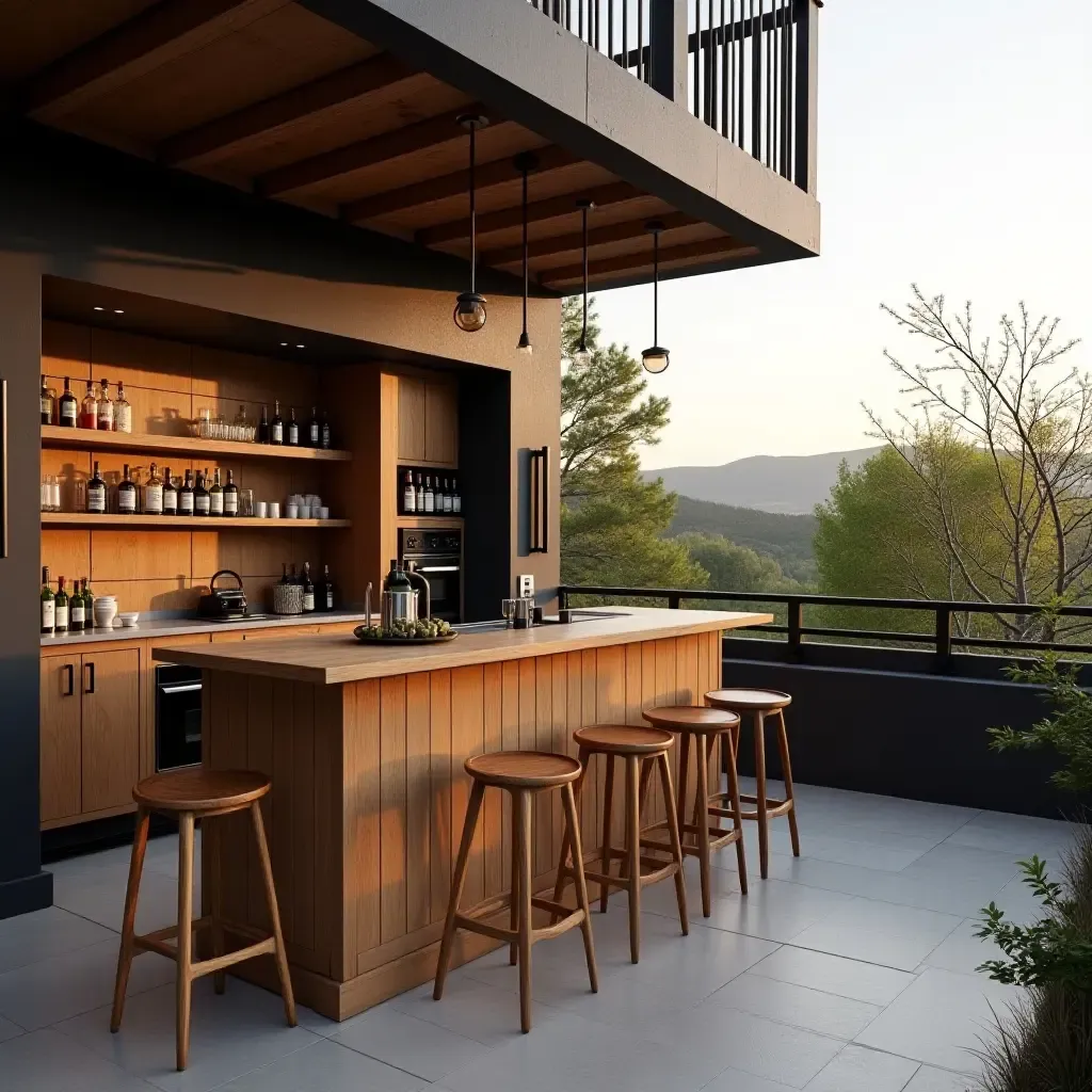 a photo of a balcony with a wooden bar and stools for entertaining