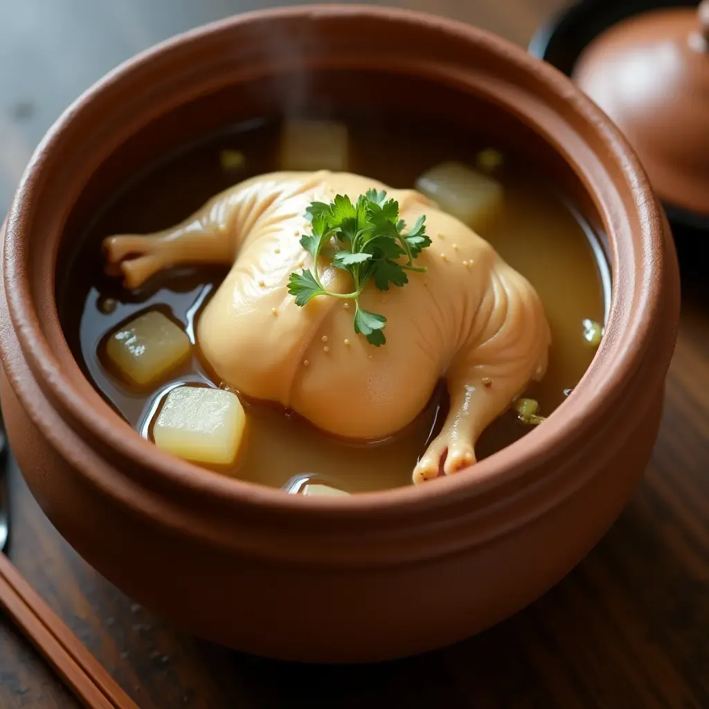 a photo of comforting samgyetang, a whole chicken soup with ginseng and jujube, served in a clay pot.