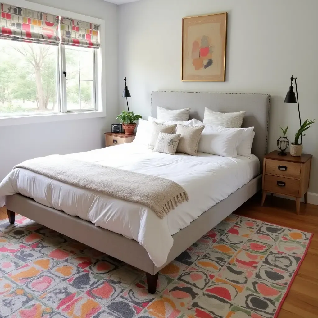 a photo of a bedroom featuring a DIY rug made from fabric scraps