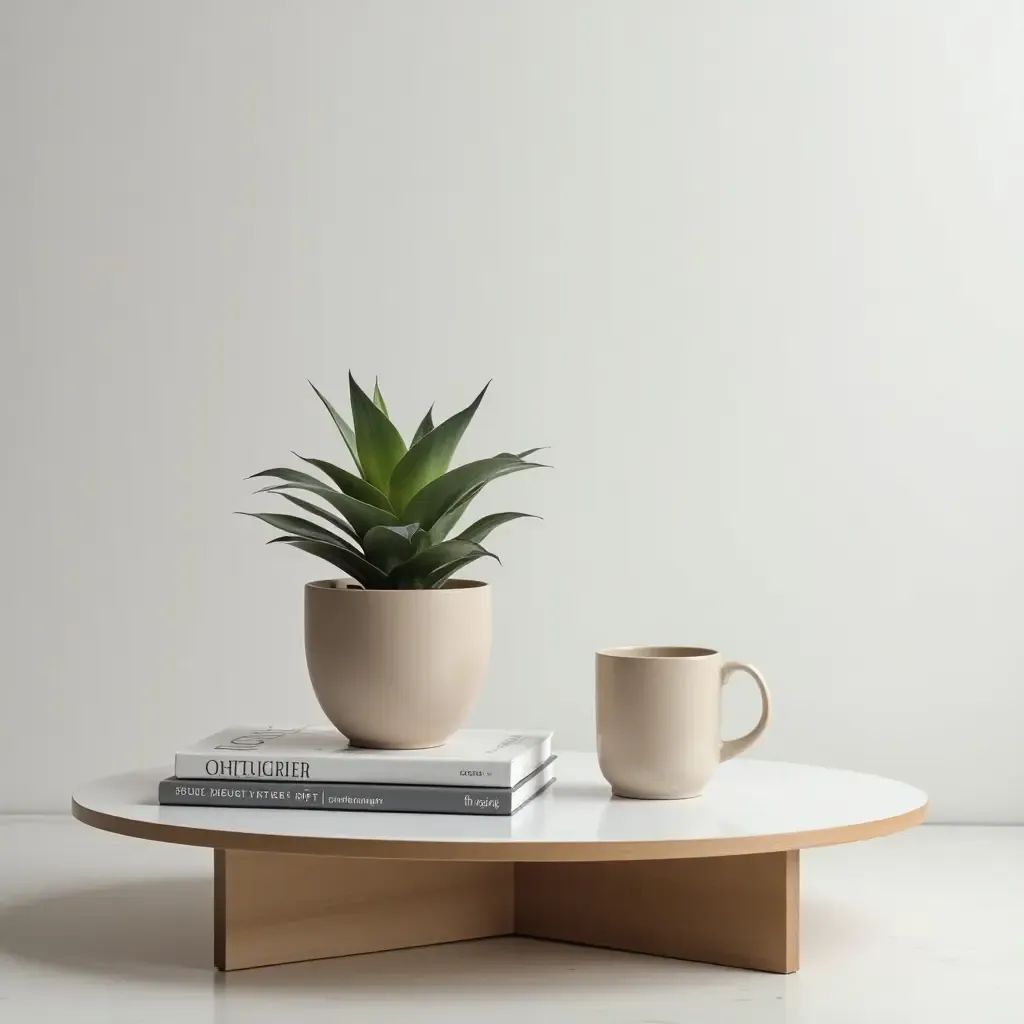 a photo of a minimalist coffee table centerpiece with a succulent and a stack of design books