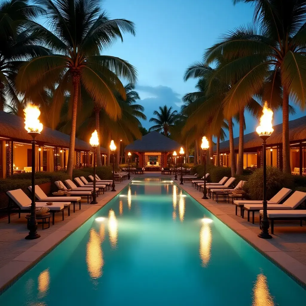 a photo of a tropical pool lounge with palm trees and tiki torches