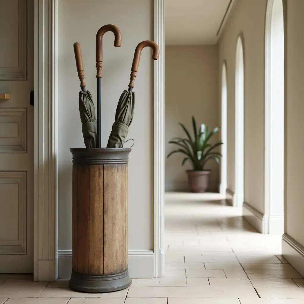 a photo of a vintage style umbrella stand in a corridor