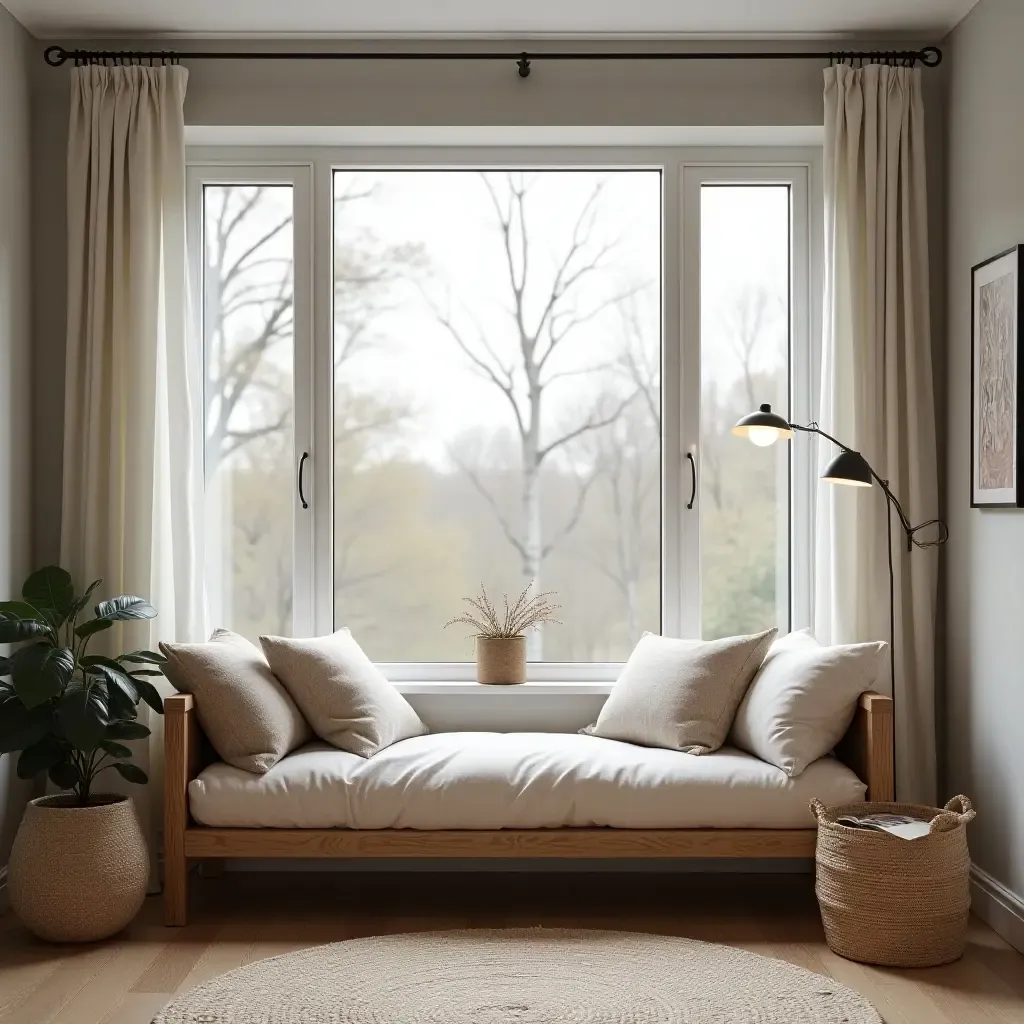 a photo of a cozy reading nook in a Scandinavian living room with a large window