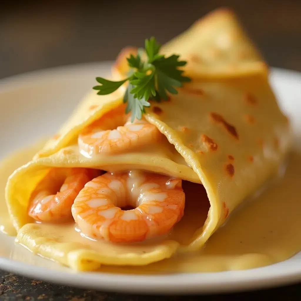 a photo of a seafood crepe filled with shrimp and scallops, topped with a creamy sauce.