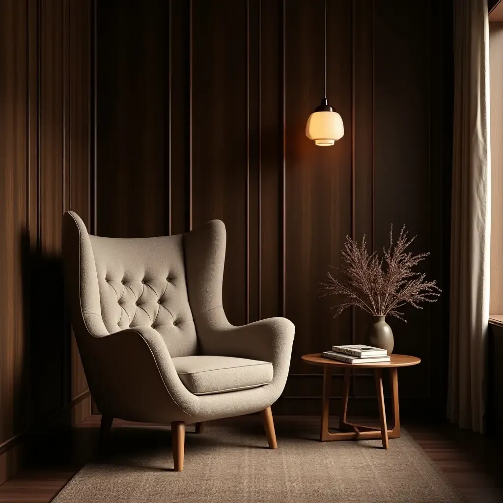 a photo of a cozy reading nook with a plush armchair and dark wood accents