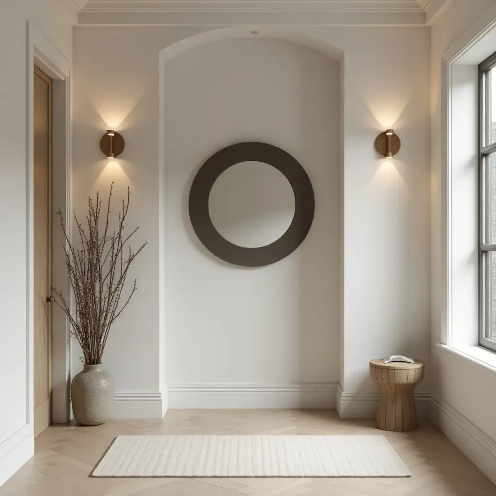 a photo of a chic entrance hall with a round mirror and minimalist lighting fixtures