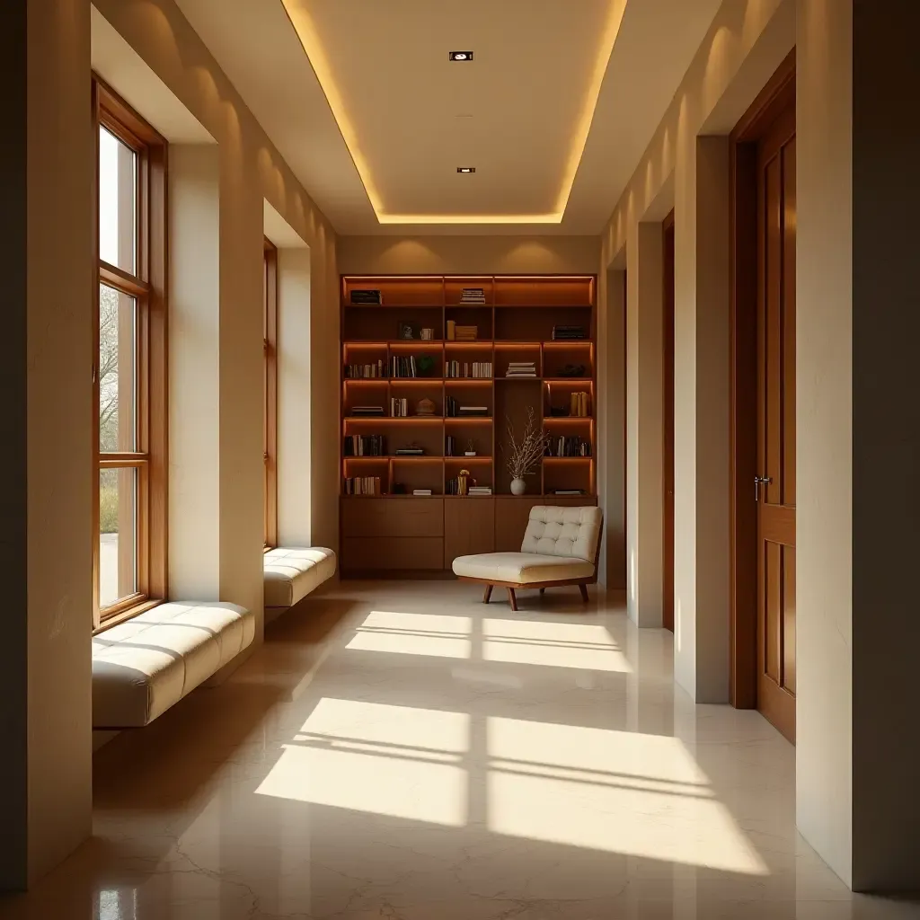 a photo of a well-lit corridor with a small library and seating