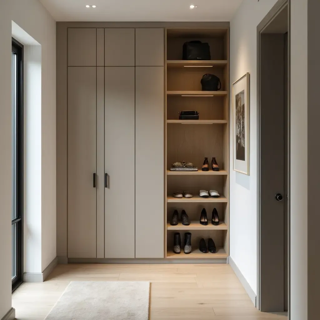 a photo of a contemporary hallway with a shoe cabinet