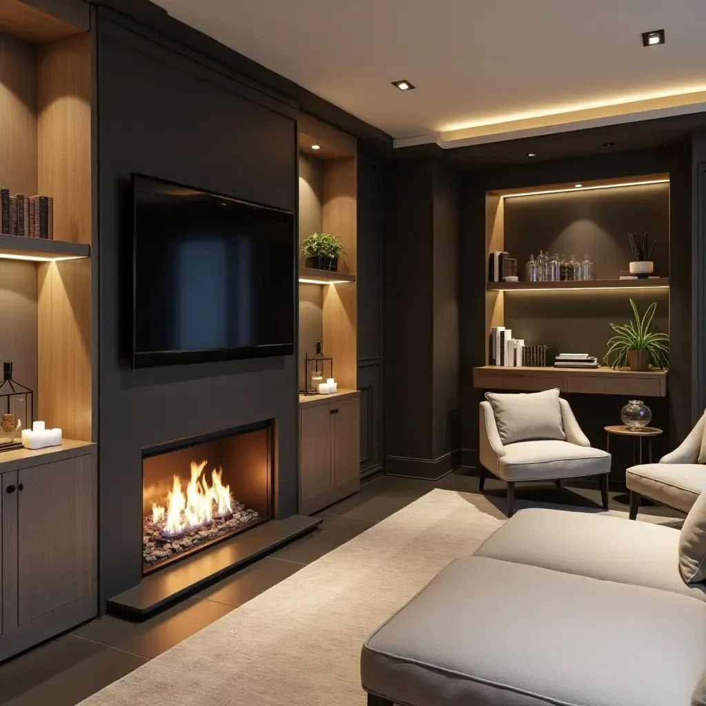 a photo of a chic basement with a modern fireplace and stylish decor