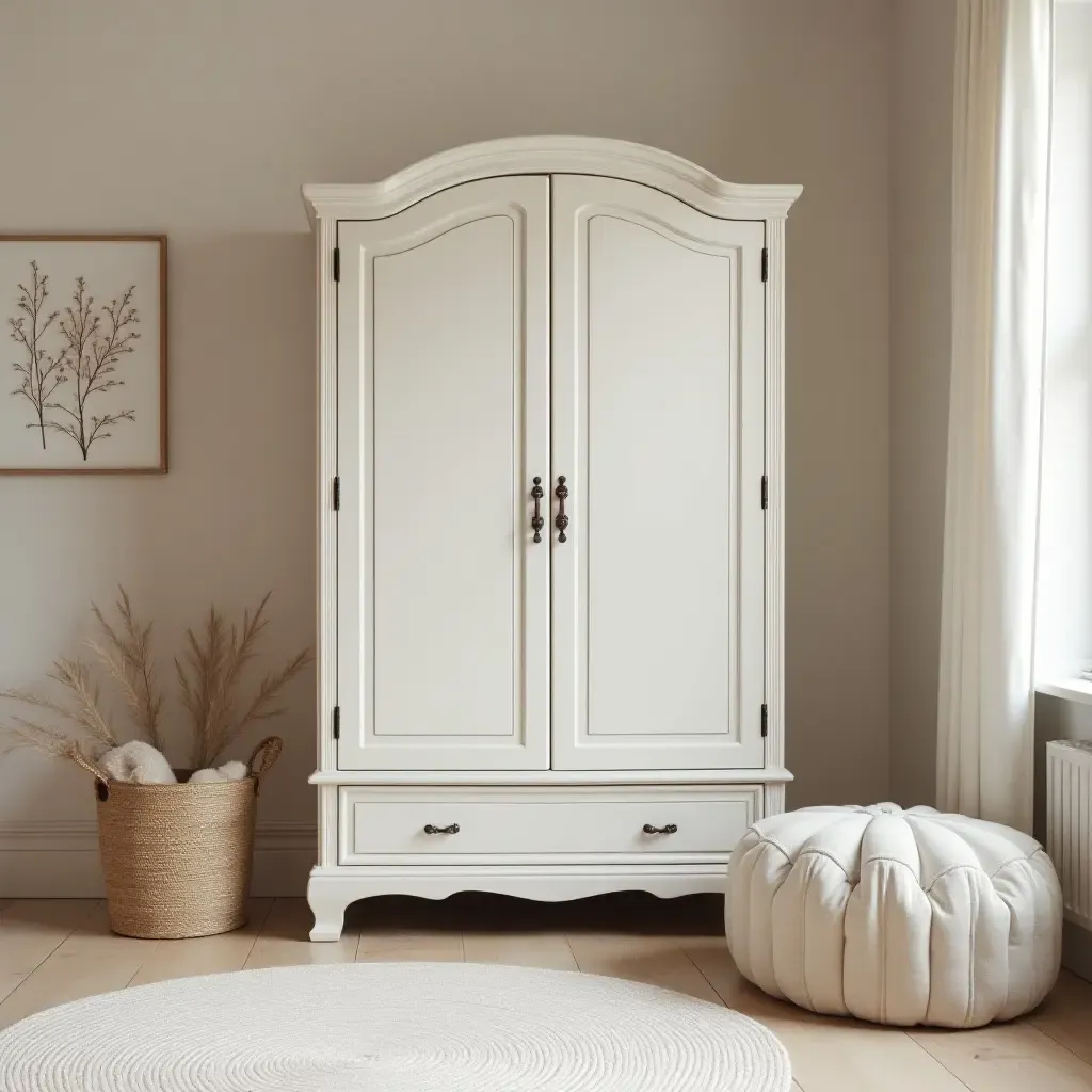 a photo of a nursery designed with a vintage wardrobe