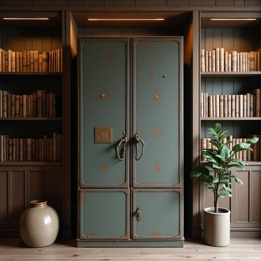 a photo of a library featuring a metal filing cabinet and rustic decor