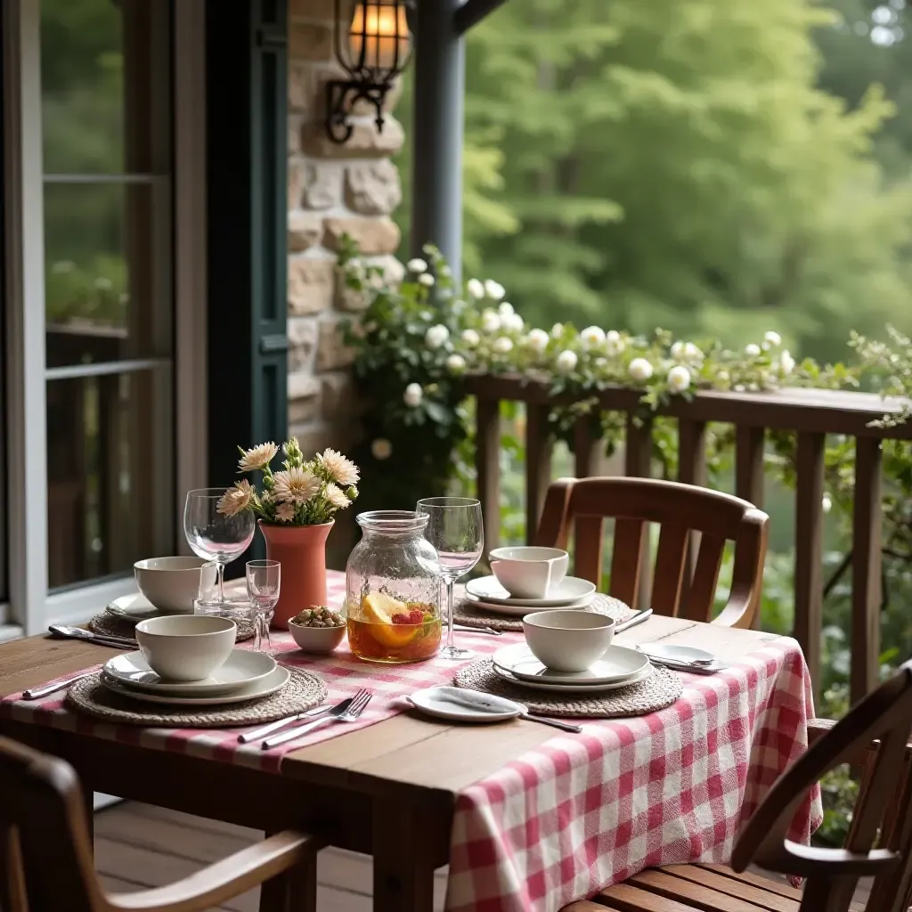 a photo of a rustic balcony with a picnic setup and vintage tableware