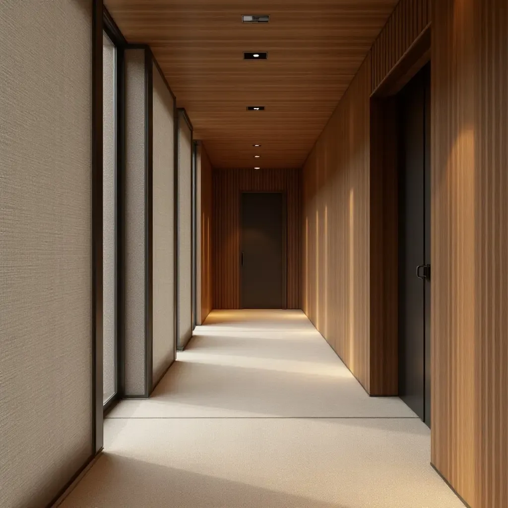 a photo of a corridor featuring fabric, wood, and metal textures harmoniously combined