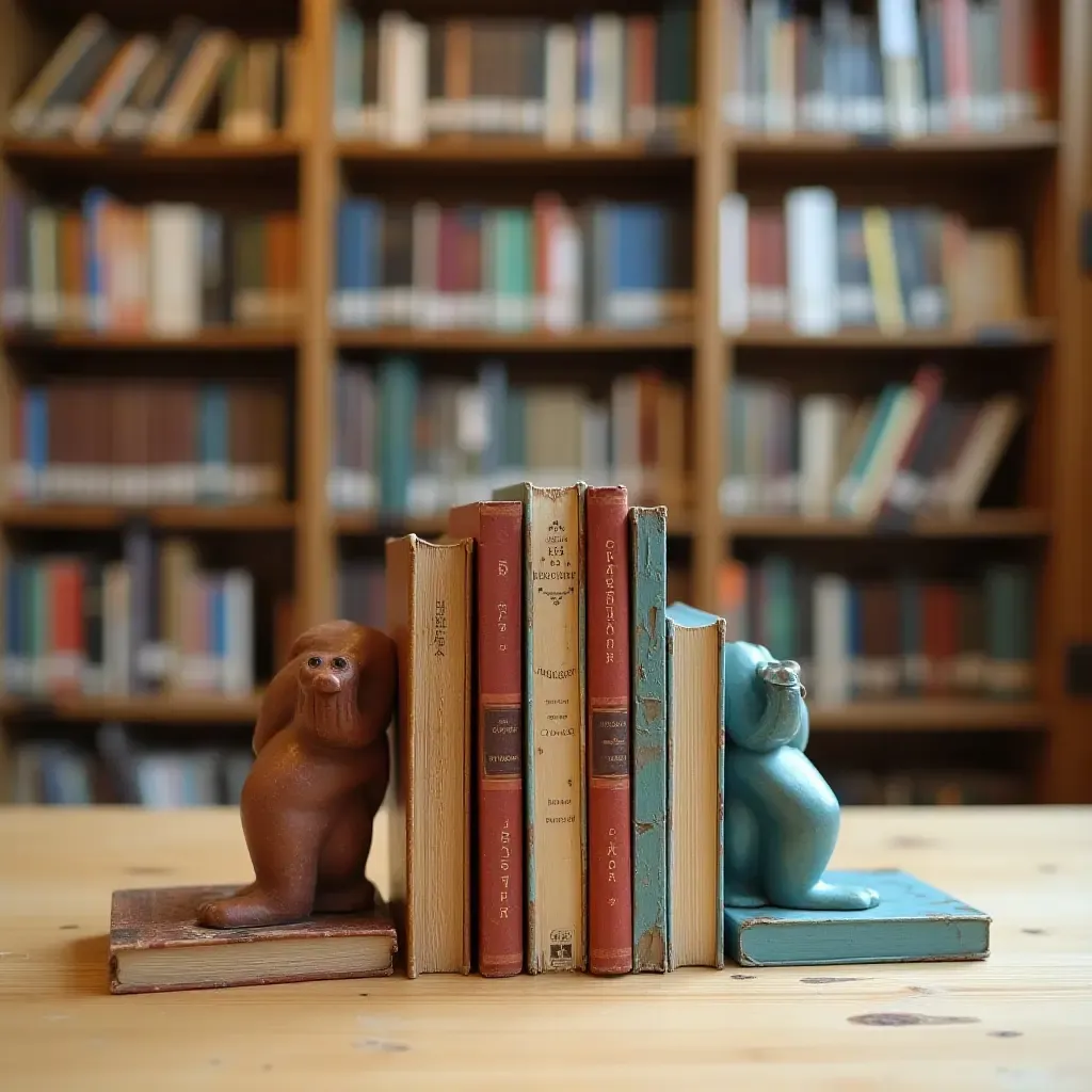 a photo of a library with creative bookends made from recycled materials