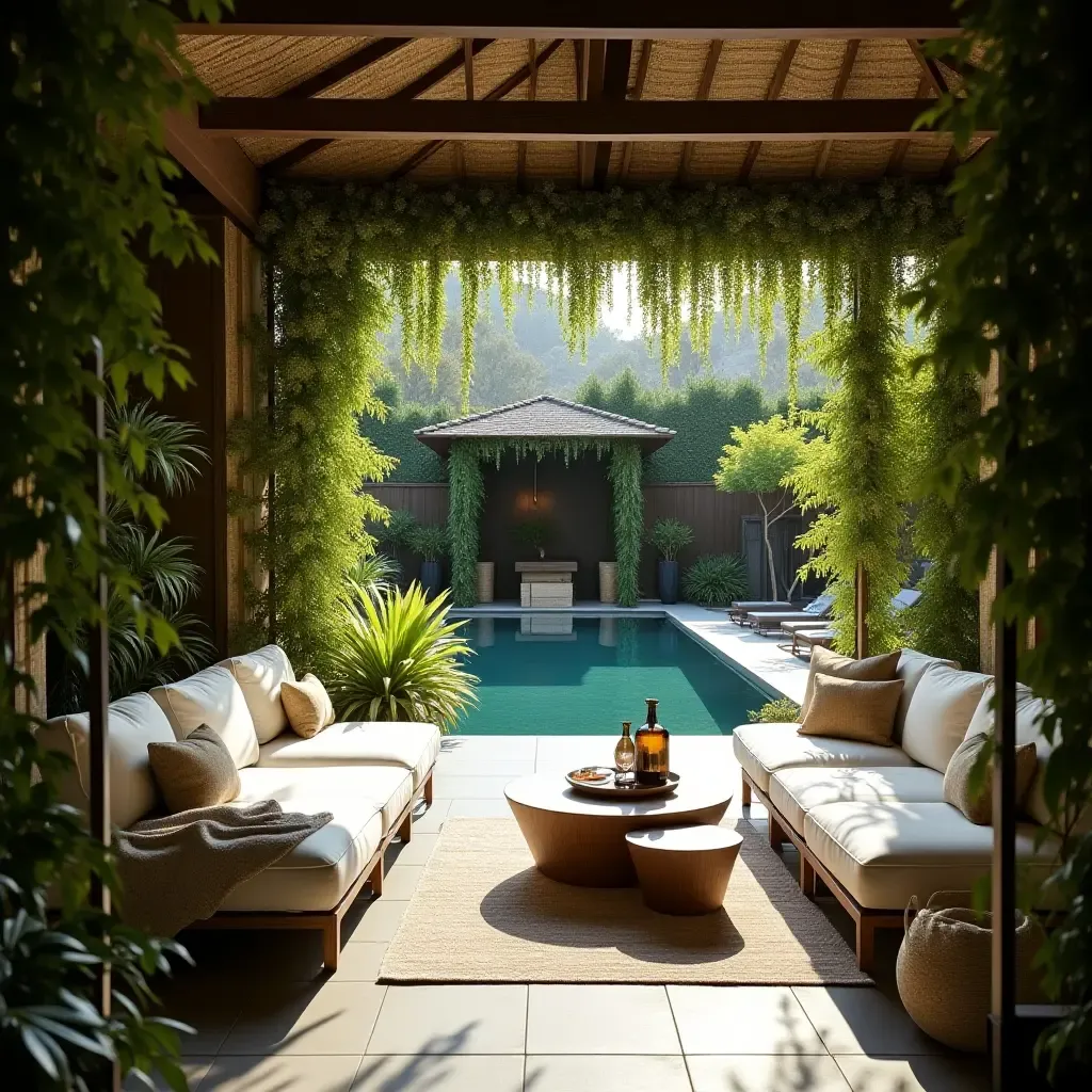 a photo of a chic outdoor lounge with greenery and a pool view