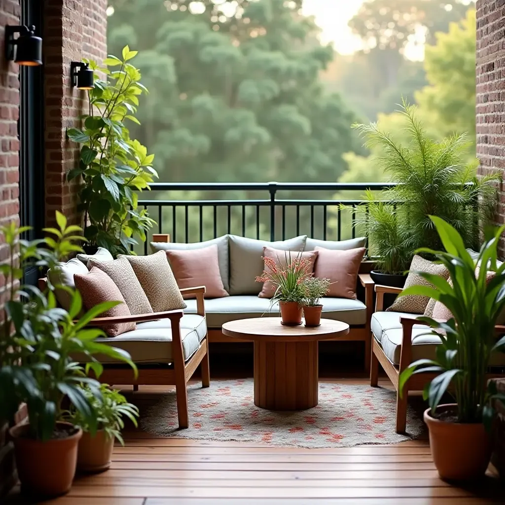 a photo of a balcony featuring vintage accent tables and vibrant plants