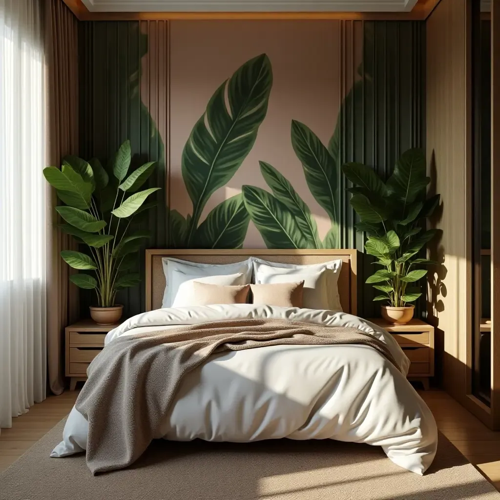 a photo of a luxurious bedroom with exotic plants and elegant decor