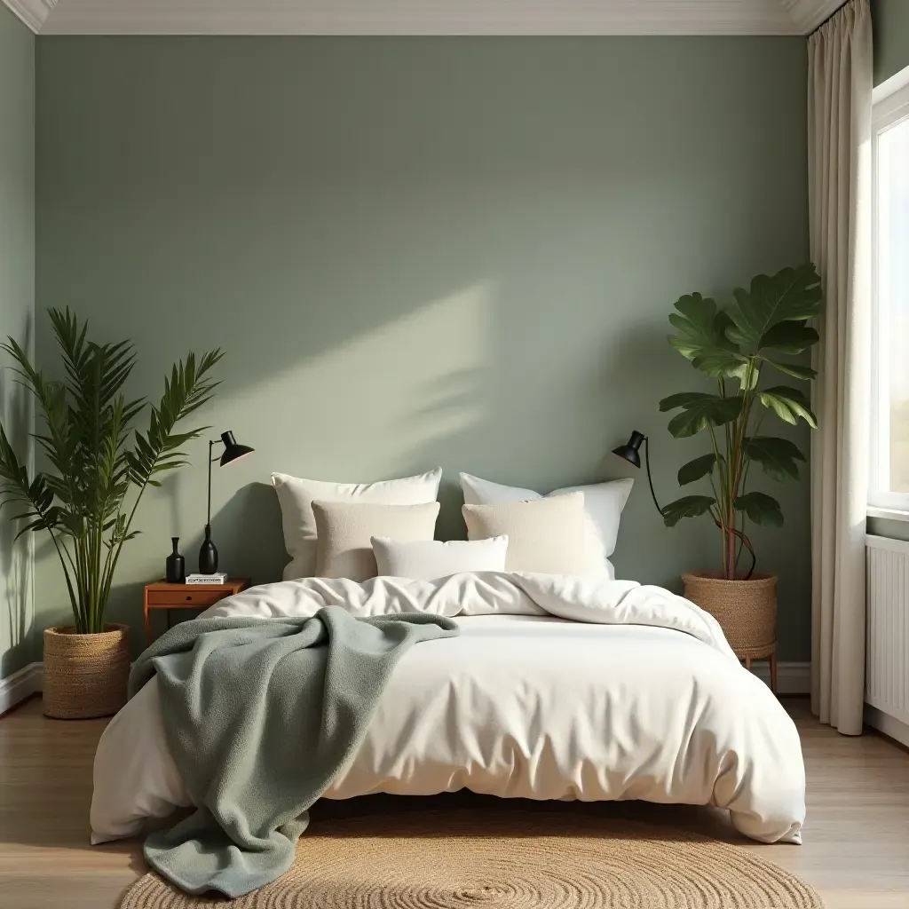 a photo of a bedroom with a nature-inspired color palette and plants