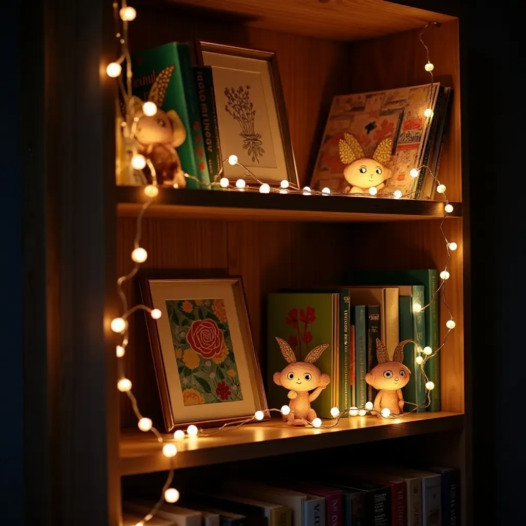 a photo of a whimsical bookshelf decorated with fairy lights and colorful art prints