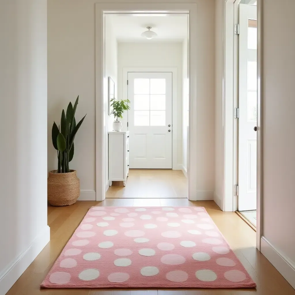 a photo of a playful, oversized polka dot rug in a bright hallway