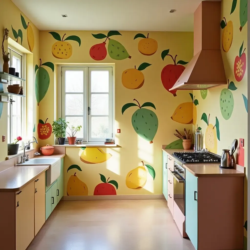 a photo of a whimsical fruit-themed mural in a playful kitchen