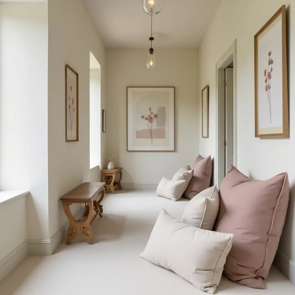 a photo of a tranquil corridor featuring throw pillows in soft, muted tones