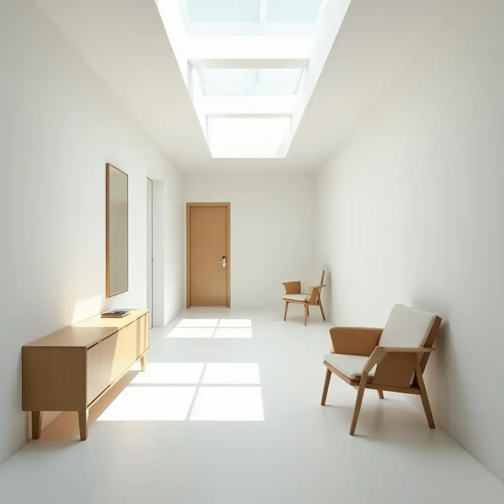 a photo of a bright corridor with skylights and minimalist furniture