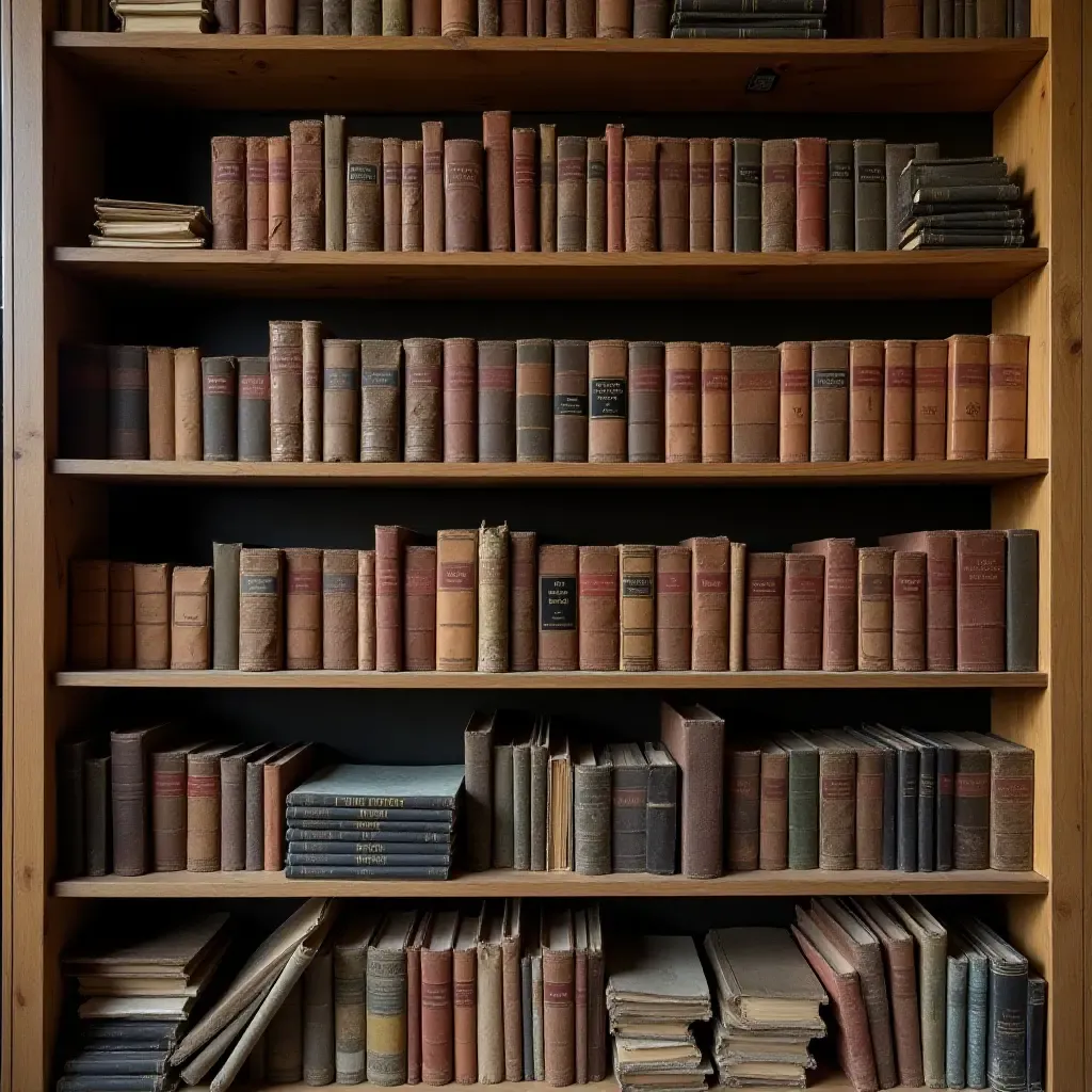 a photo of a bookshelf with layered textures, including fabric and wood