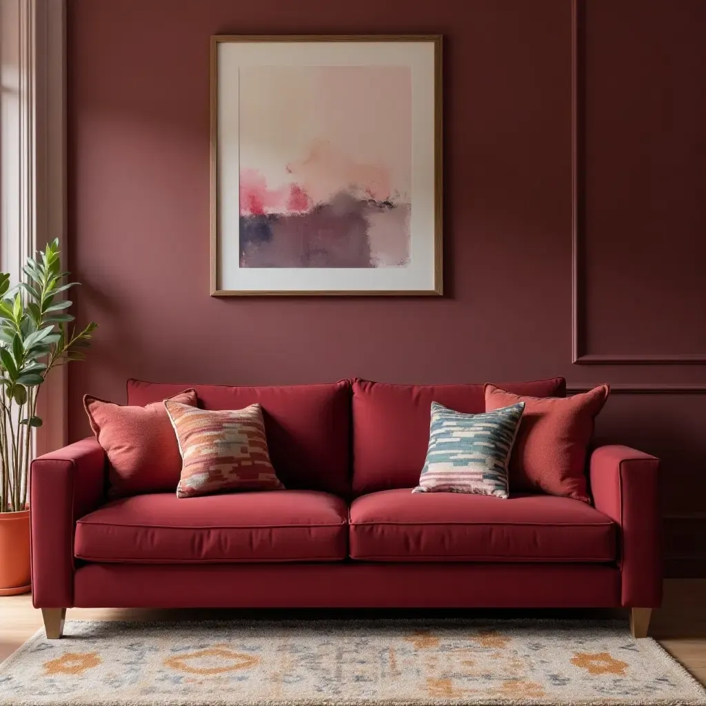 a photo of a maroon living room showcasing a chic sectional sofa and colorful throw pillows