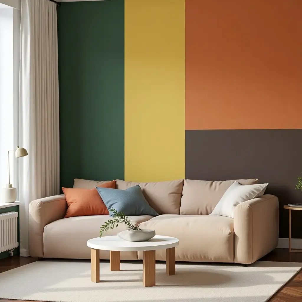 a photo of a living room wall with a bold color block design