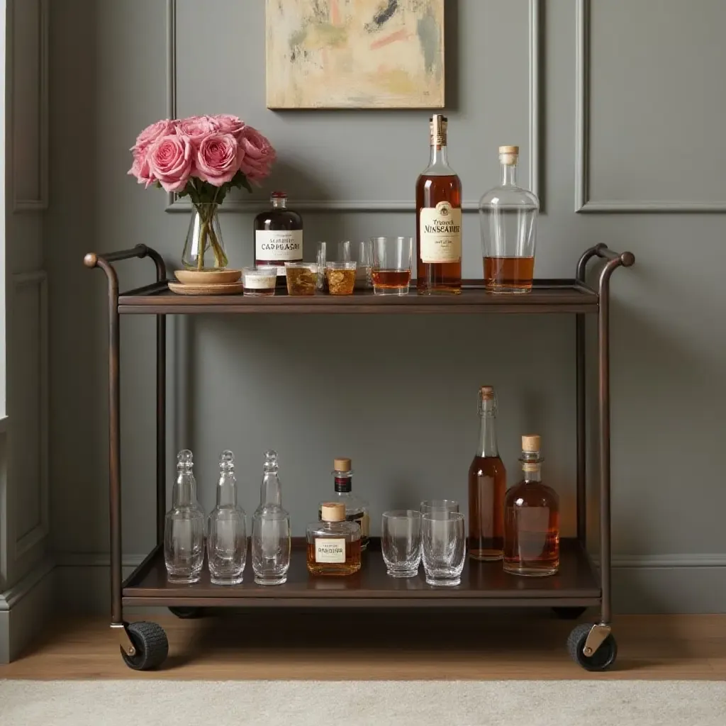 a photo of a sleek bar cart stocked with whiskey and glassware