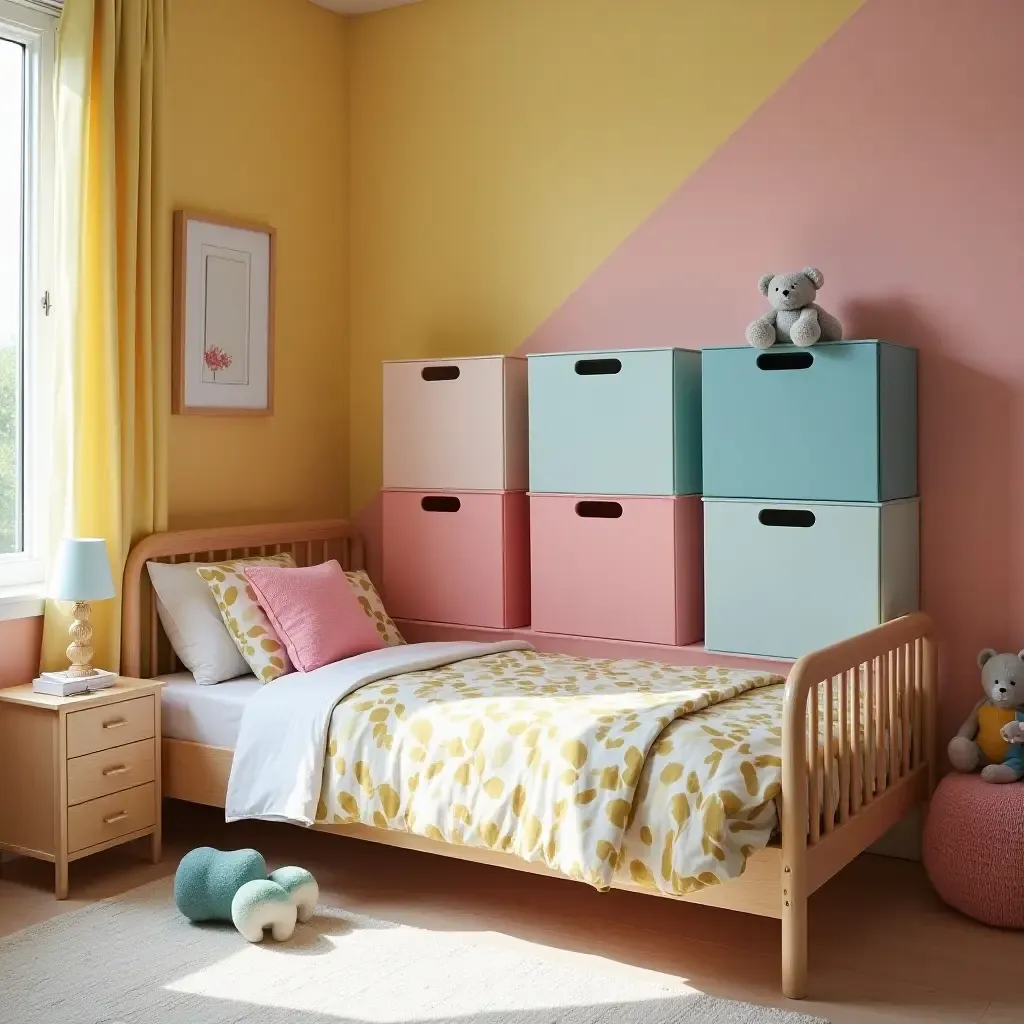 a photo of a colorful bedroom with labeled storage boxes