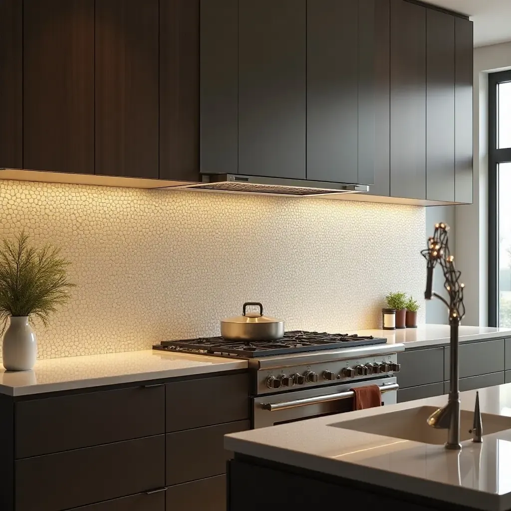 a photo of a luxurious glass mosaic backsplash shimmering in a high-end kitchen