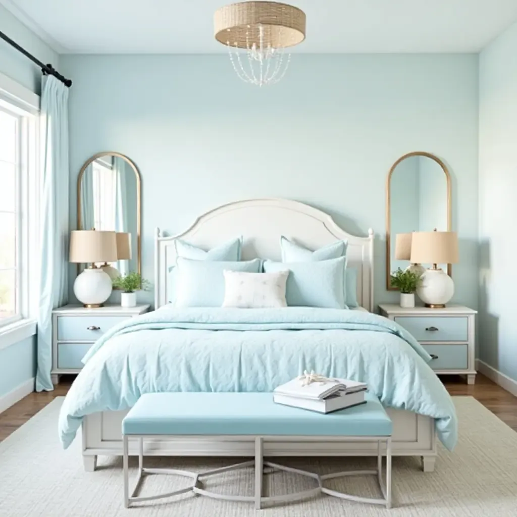 a photo of a serene coastal bedroom with light blue hues and beachy decor