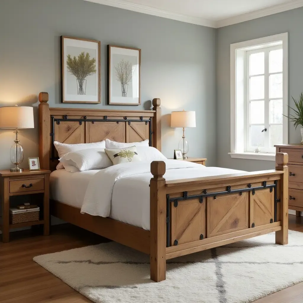 a photo of a rustic wooden bed frame with metal accents