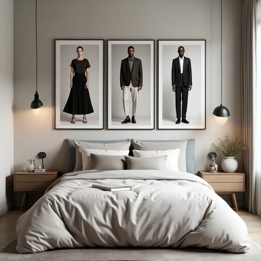 a photo of a fashionable bedroom with a gallery wall of runway looks