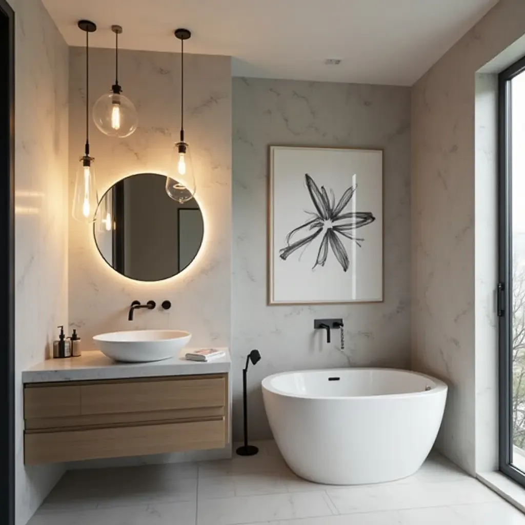 a photo of a high-tech bathroom featuring modern pendant lights with smart controls