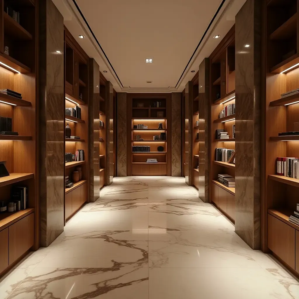 a photo of a sophisticated library with marble walls and ambient lighting