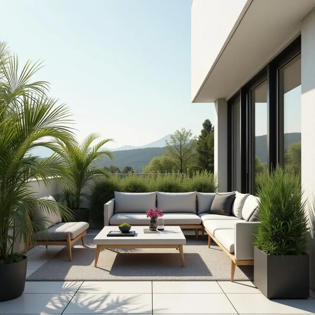 a photo of a modern balcony with minimalist furniture and vibrant plants